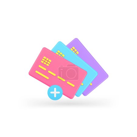 Add credit debit card cashless payment information link banking account 3d icon realistic vector illustration. Join web paying option plus button attachment digital wallet financial e money technology