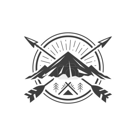 Mountain with crossed arrow hunting hiking camping tent circle vintage line logo design vector illustration. Cliff rock travel adventure journey discovery exploration nature expedition monochrome icon