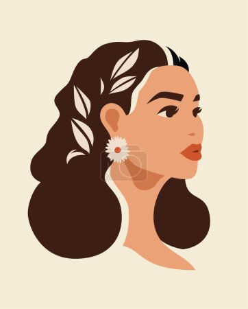 Romantic Asian woman portrait elegant flower hairstyle natural beauty paint hand drawn vector flat illustration. Beautiful mixed race young female face hair aesthetic wall art t shirt print chic decor