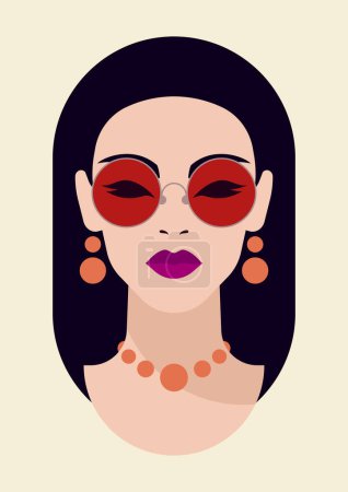 Fashion Japan woman bust portrait in summer sunglasses print for t shirt poster card vector flat illustration. Vogue young female face in necklace earrings contemporary minimalist beauty brunette head