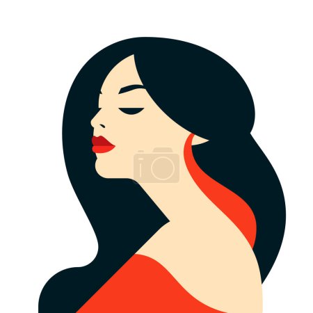 Téléchargez les illustrations : Romantique belle mode femme avatar lèvres rouges et robe minimaliste portrait vecteur plat illustration. Vogue soirée beauté femelle tête avec des épaules nues élégant visage à la mode isolé - en licence libre de droit