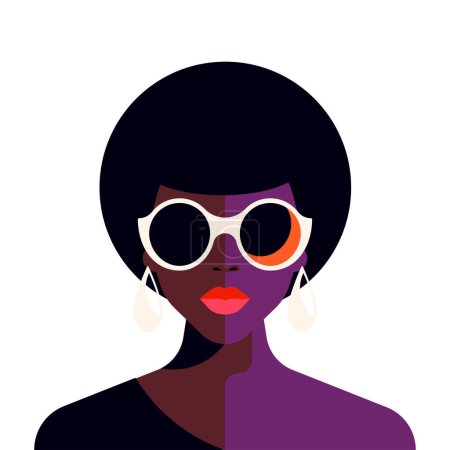 Téléchargez les illustrations : Mode femme noire portrait demi-ton pop art minimaliste avatar vecteur plat illustration. Vogue visage féminin élégant en boucles d'oreilles de lunettes de soleil Afro coiffure confiante jeune jolie dame abstraite féminine - en licence libre de droit