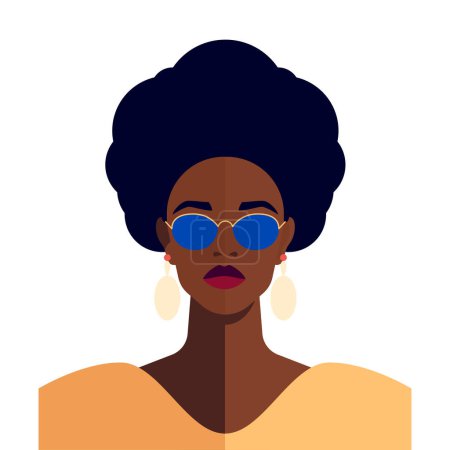 Téléchargez les illustrations : Forte mode afro-américaine femme noire portrait ethnique coiffure avatar vecteur plat illustration. Confiant Afro femelle demi-ton pop art visage minimaliste dans les lunettes de soleil et boucles d'oreilles beauté élégante - en licence libre de droit