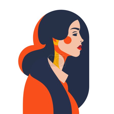 Téléchargez les illustrations : Beauté brunette femme pop art peinture orange couleur abstrait portrait vue de côté avatar minimaliste vecteur plat illustration. Mode contemporain féminin élégant modèle mignon élégant silhouette vibrante - en licence libre de droit