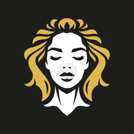 Téléchargez les illustrations : Belle femme visage cheveux dorés style mode minimaliste logo pour les soins de la peau vecteur illustration plate. Élégante silhouette de tête de portrait féminin sur fond noir icône pour maquillage cosmétologie spa - en licence libre de droit