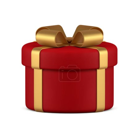 Rote Geschenkbox goldene Schleife festliche Geschenk Überraschung 3D-Symbol realistische Vektor-Illustration. Preis Glückwünsche Karton-Container für Feiertagsfeier geschlossen Zylinder Geburtstag Dekor-Design