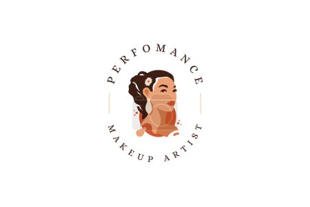 Asian romantic woman flower hairstyle portrait beauty logo design template vector flat illustration. Mixed race fashion female face advertising emblem makeup artist cosmetology beautician