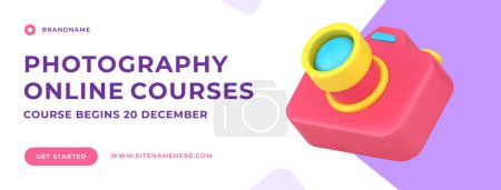 Photography online courses studying shooting picture with camera social media banner 3d icon vector illustration. Photo making distance educational lessons for art hobby and professionals studio