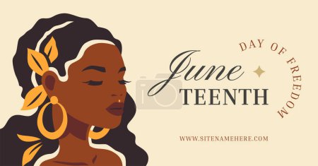African boho woman portrait with jewelry Juneteenth day of freedom social media banner vector flat illustration. Strong beautiful Afro black female face ethnic support hand drawn internet ad template