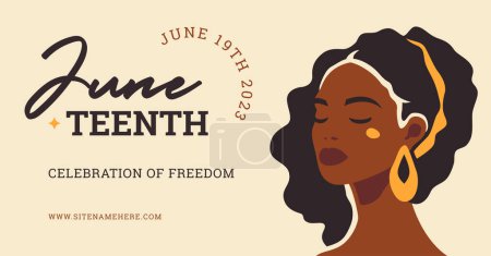 Beauty Afro female portrait Juneteenth day of freedom celebration social media banner vector flat illustration. Boho fashion black woman face African ethnic power support national holiday ad template