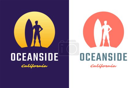 Ilustración de Oceanside California man surfer with surfboard silhouette vintage t shirt print poster design set vector flat illustration. Deportes extremos surf ocio actividad océano libertad puesta del sol emblema de la moda - Imagen libre de derechos