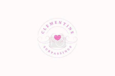 Pink elegant heart with cute curls circle minimal line logo design template for love bridal vector illustration. Romantic wedding amour round border curved ornate emblem for wedding invitation