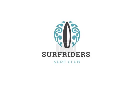 Téléchargez les illustrations : Surf club surf extrême sport minimaliste logo conception modèle planche de surf océan vague vecteur illustration. Planche de surf avec éclaboussure d'eau aventure tropicale vacances d'été loisirs emblème - en licence libre de droit