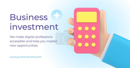 Business accounting investment expenses profit calculation 3d promo banner realistic vector illustration. Businessman hand holding calculator for checking profit wealth financial balance management