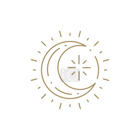 Illustration for Spiritual magic half moon in sun beams natural light mythic esoteric symbol decorative design line art icon vector illustration. Occultism magical practice glowing harmony life balance linear emblem - Royalty Free Image