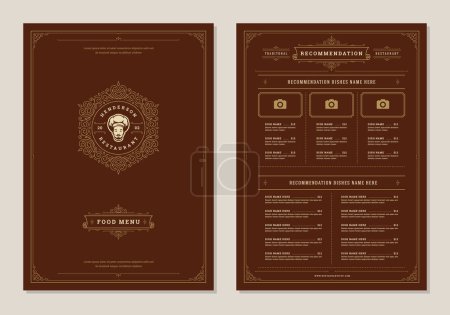 Menu design template with cover and restaurant vintage logo vector brochure. Male chef face in hat symbol illustration and ornament frame and swirls decoration.