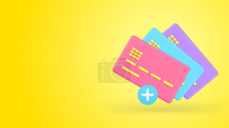 Fügen Sie Kreditkarte bargeldlose Zahlungsinformationen Link Bankkonto 3D-Symbol realistische Vektorillustration. Registriert Web-Payment-Option plus Taste Anhang digitale Brieftasche Finanz-E-Geld-Technologie