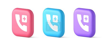 Notruf-Hotline-Service hinzufügen blauen quadratischen Taste 3D realistische rosa blau und lila Symbole. Kundenbetreuung Sprachinformationen App Navigationsschnittstelle
