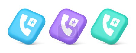 Notfall-Hotline-Service hinzufügen blauer quadratischer Taste 3D realistische blaue lila und grüne Symbole. Kundenbetreuung Sprachinformationen App Navigationsschnittstelle