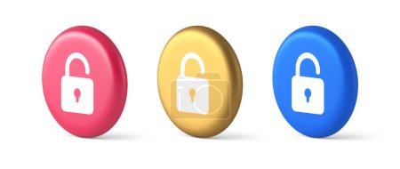 Open lock button cyberspace password security protection service 3d realistic blue gold and pink icons. Padlock accessibility unlock permission digital information safety guard web app