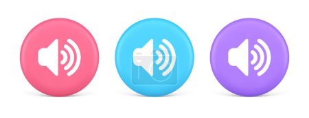 Volume sound button speaker acoustic level noise wave control 3d realistic pink blue and purple icons. Stereo broadcasting loudspeaker player megaphone technology digital web application