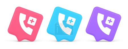 Notruf-Hotline-Service hinzufügen blau quadratische Taste 3D realistische Sprechblase rosa blau und lila Symbole. Kundenbetreuung Sprachinformationen App Navigationsschnittstelle