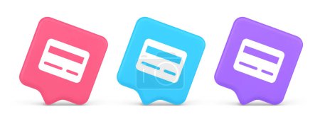 Kreditkarte e-money payment button digital financial banking account 3d realistische Sprechblase rosa blau und lila symbole. Finanzielle Zahlung elektronische Web-Anwendung Online-Shopping Internet