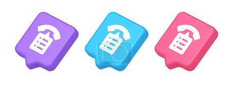 Telefonbuch Kontaktliste Schaltfläche Cyberspace Freunde Informationen für Sprachkommunikation 3D realistische Sprechblase lila blau und rosa Symbole. Telefongespräch verbindet Nutzerinfoprofil