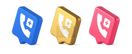 Notfall-Hotline-Service hinzufügen blauer Quadrat-Taste 3D realistische Sprechblase blaues Gold und rosa Symbole. Kundenbetreuung Sprachinformationen App Navigationsschnittstelle