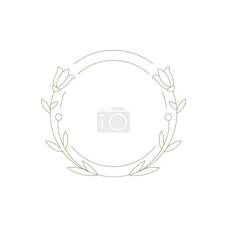Botanical circle frame with elegant tulip flower minimalist line art decor element for logo vector illustration. Monochrome round border blossom floral outline decorative design for invitation emblem