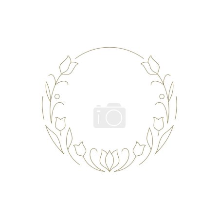 Elegante marco redondo con tulipán de flores dorado dibujado a mano decoración lineal para la ilustración de vectores de logotipo. Borde del círculo botánico flor floral anillo contorneado elemento decorativo minimalista para el diseño
