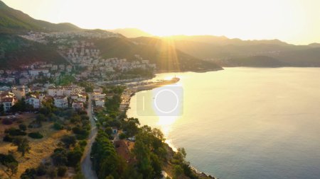 Photo for Panorama of sea bay. Beautiful resort town at the morning sunrise. Aerial view from drone. - Royalty Free Image