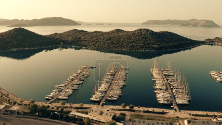 Photo for Yacht parking in the sea bay. Aerial panoramic view from above. Travel and vacation concept. - Royalty Free Image