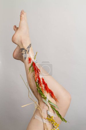 Téléchargez les photos : Femmes jambes avec diverses herbes sur fond blanc. Soins de santé et spa. - en image libre de droit
