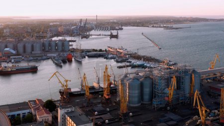 Foto de Aerial drone view of Odessa sea port infrastructure. Tower cranes and ships. - Imagen libre de derechos