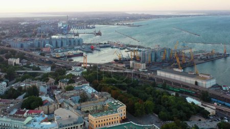Foto de Aerial view of sea port in Odessa city. Urban indastrial scape from above. - Imagen libre de derechos