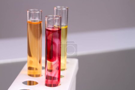 Foto de Cierre rojo y resuelva los tubos de ensayo. Muestras de laboratorio coloreadas y medicina. - Imagen libre de derechos