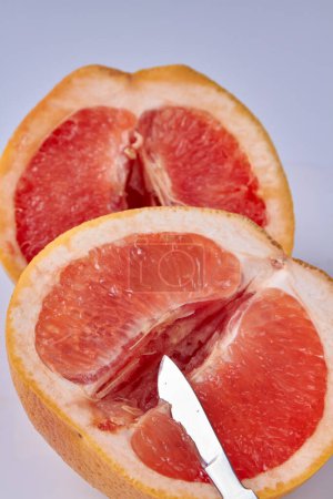 Photo for Vertical shot of grapefruit cut on two pieces by scalpel. Surgical examine concept. - Royalty Free Image