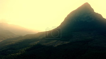 Téléchargez les photos : Lever de soleil majestueux avec vue sur la vallée verte et le sommet de la montagne. Paysage de montagnes d'été au soleil. - en image libre de droit