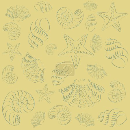 Foto de Patrón con dibujo a mano criaturas marinas conchas y estrellas de mar en el estilo de contorno - Imagen libre de derechos