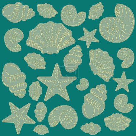 Foto de Patrón con dibujo a mano criaturas marinas conchas y estrellas de mar en el contorno y el estilo plano - Imagen libre de derechos
