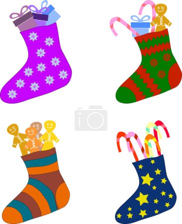 Illustration for Set of printed Christmas gift socks filled with present boxes, gingerbread man and candy cane - Royalty Free Image