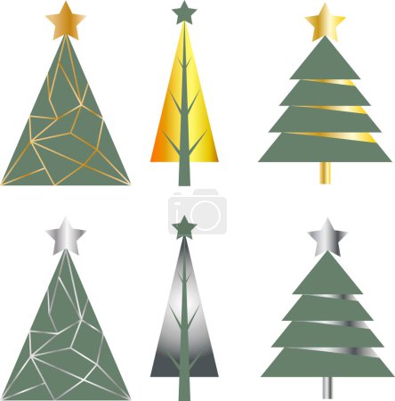 Illustration for New Year and Christmas set of abstract pines with gold and silver metal gradients - Royalty Free Image