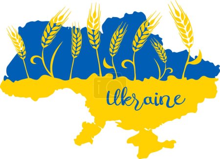 Map of Ukraine decorated with wheat ears and handwriting stylized typography in Ukrainian flag colors yellow and blue