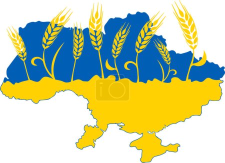 Téléchargez les illustrations : Carte de l'Ukraine décorée avec des oreilles de blé dans les couleurs du drapeau ukrainien jaune et bleu - en licence libre de droit