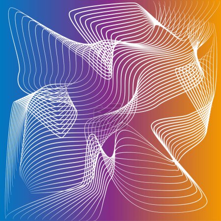 Illustration for Abstract colored curved pattern with 3D effect drawing in retro style with gradient orange blue background vector - Royalty Free Image