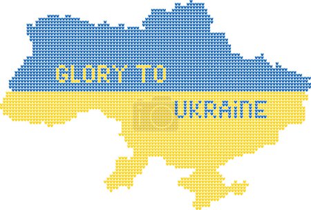 Illustration for Textured Ukrainian geographical map made of knitting texture and words Glory to Ukraine in Ukrainian flag colors on transparent background - Royalty Free Image