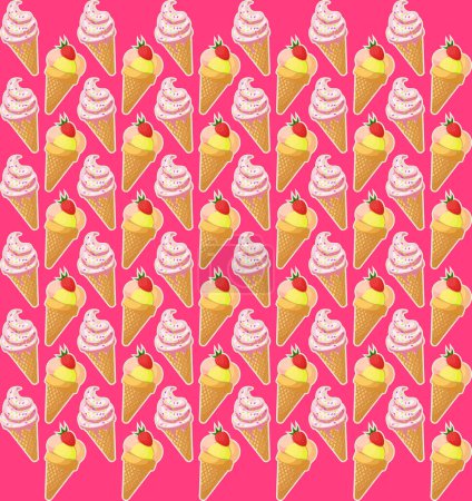 Téléchargez les illustrations : Cute food pattern with waffle cones with strawberry ice cream scoops and frozen yogurt - en licence libre de droit