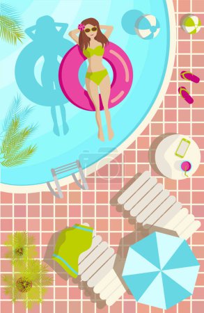 Illustration for Vertical summer tropical illustration with a girl in bikini and swimming pool resort vector - Royalty Free Image