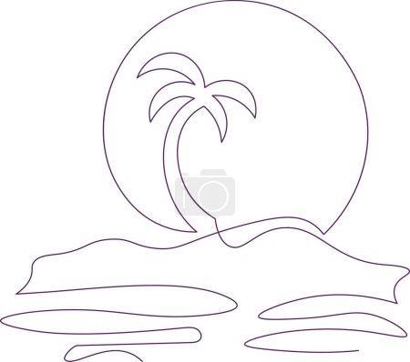 Téléchargez les illustrations : Outline icon with tropical island drawing in single line style with palm trees and sun - en licence libre de droit